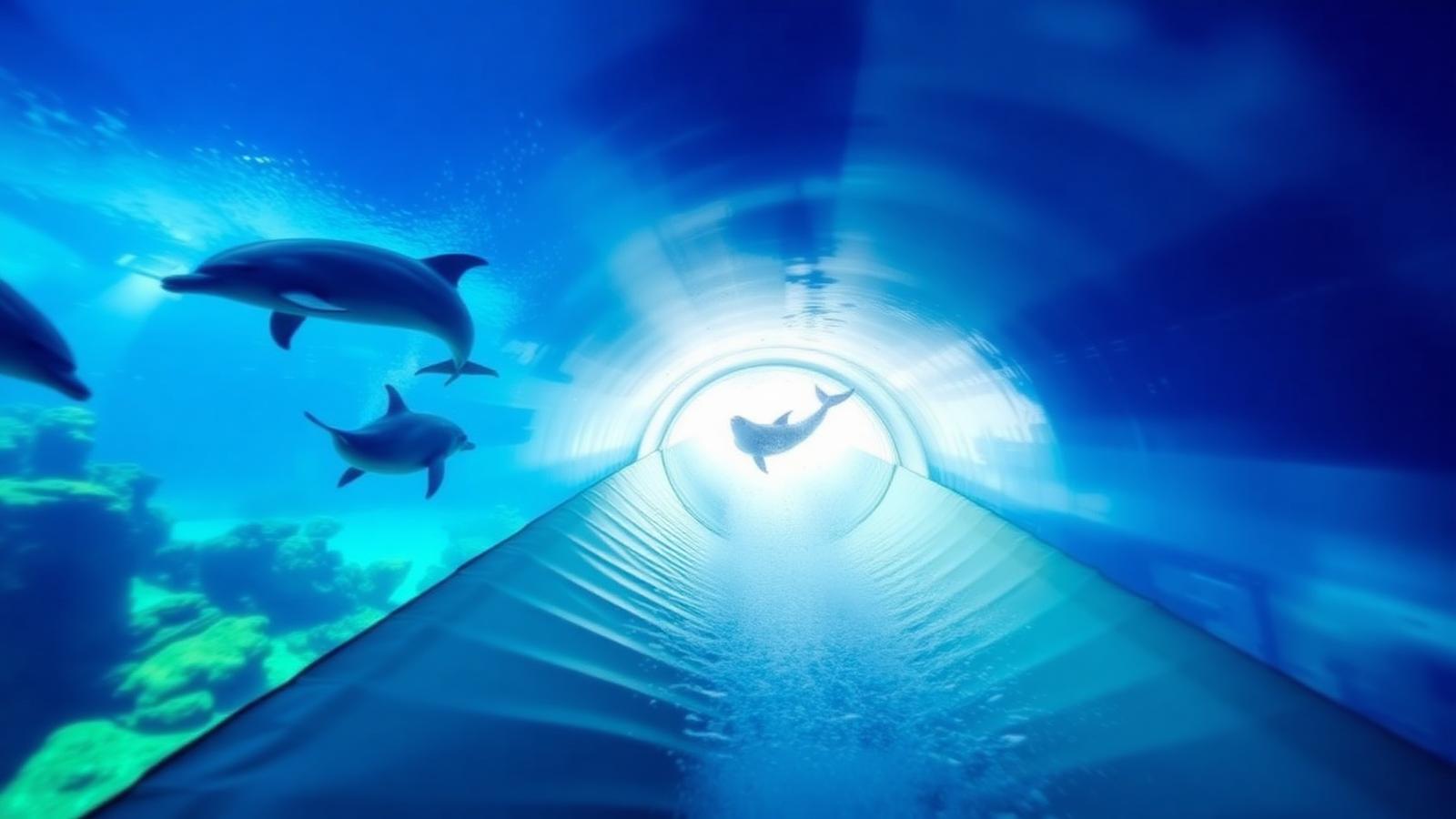 Tobogua Dolphin Plunge passando por aquario com golfinhos