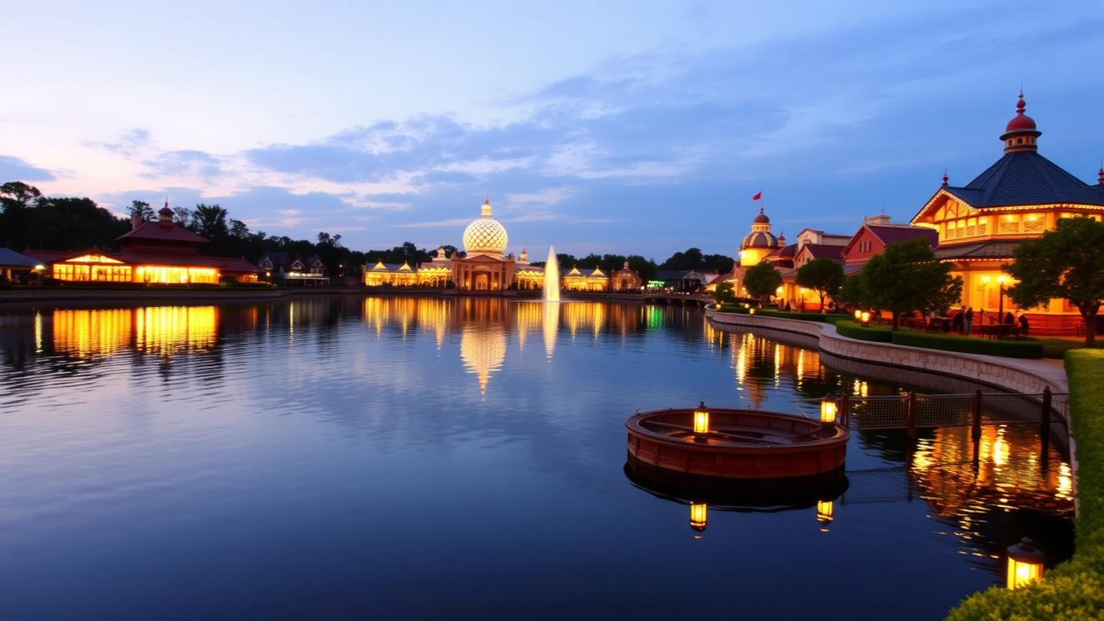 Lagoa do World Showcase iluminada