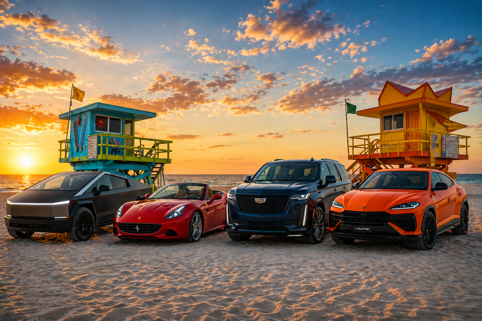 Cybertruck, Ferrari, Escalade e Lamborghini Urus em Miami Beach ao pôr do sol