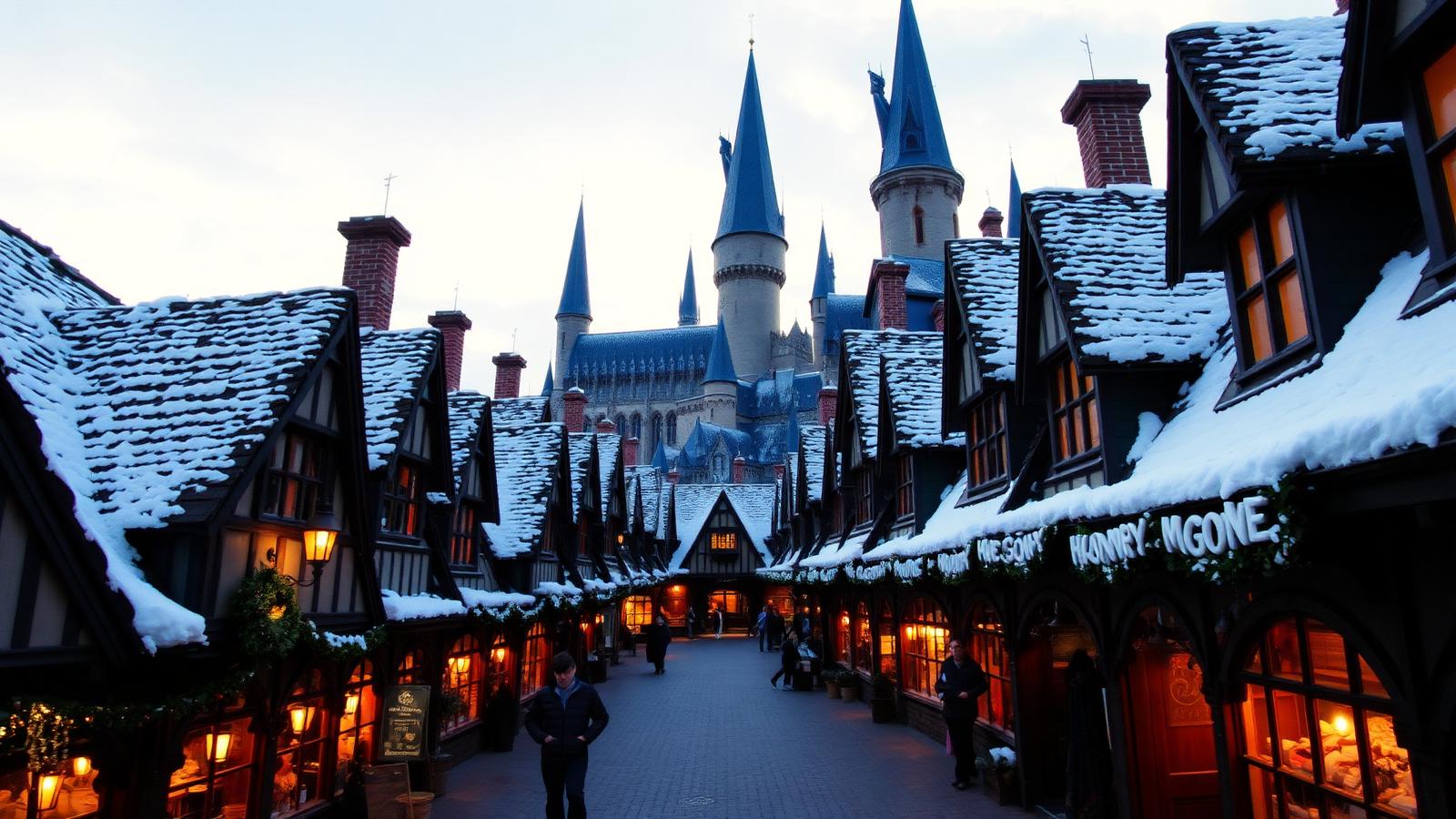 Vila de Hogsmeade com Hogwarts ao fundo