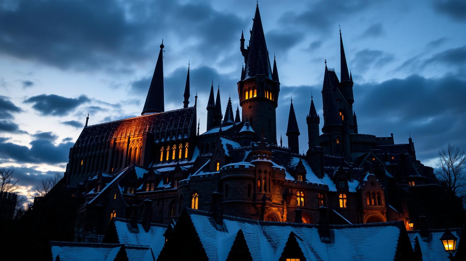 Castelo Hogwarts ao entardecer com neve