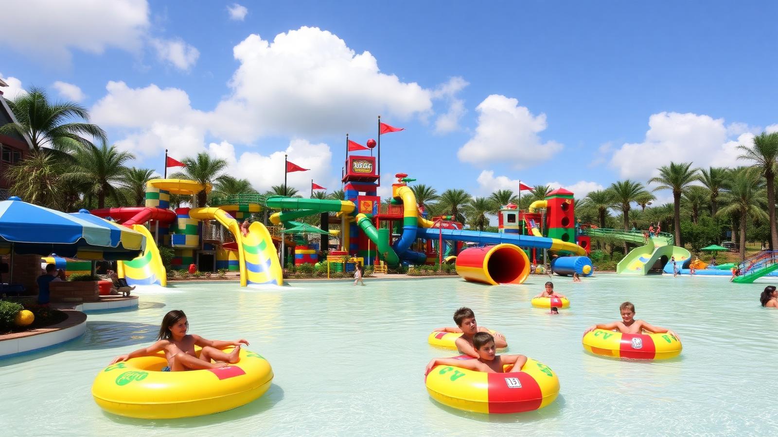 Parque aquatico do Legoland com toboguas coloridos