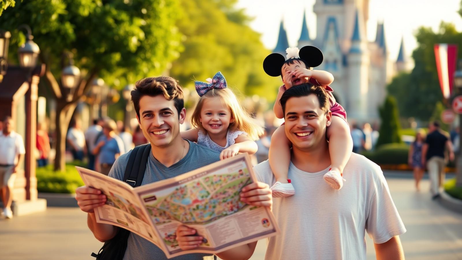 Familia caminhando pelo Magic Kingdom com mapa