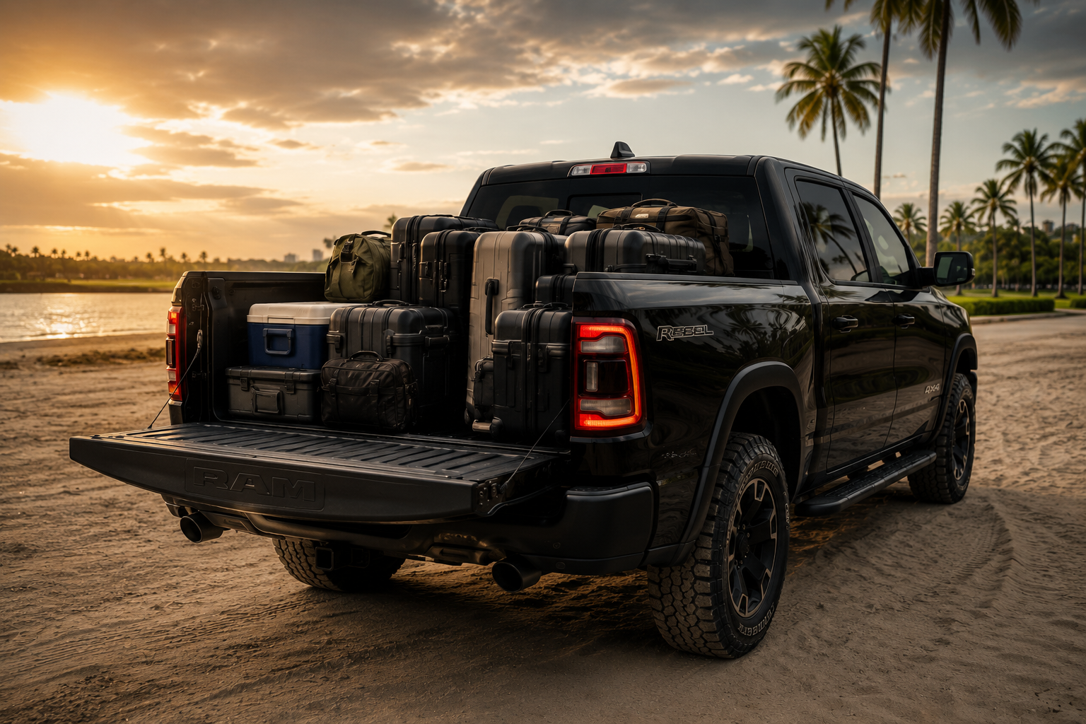 Cacamba da Ram 1500 Rebel cheia de bagagens em praia da Florida