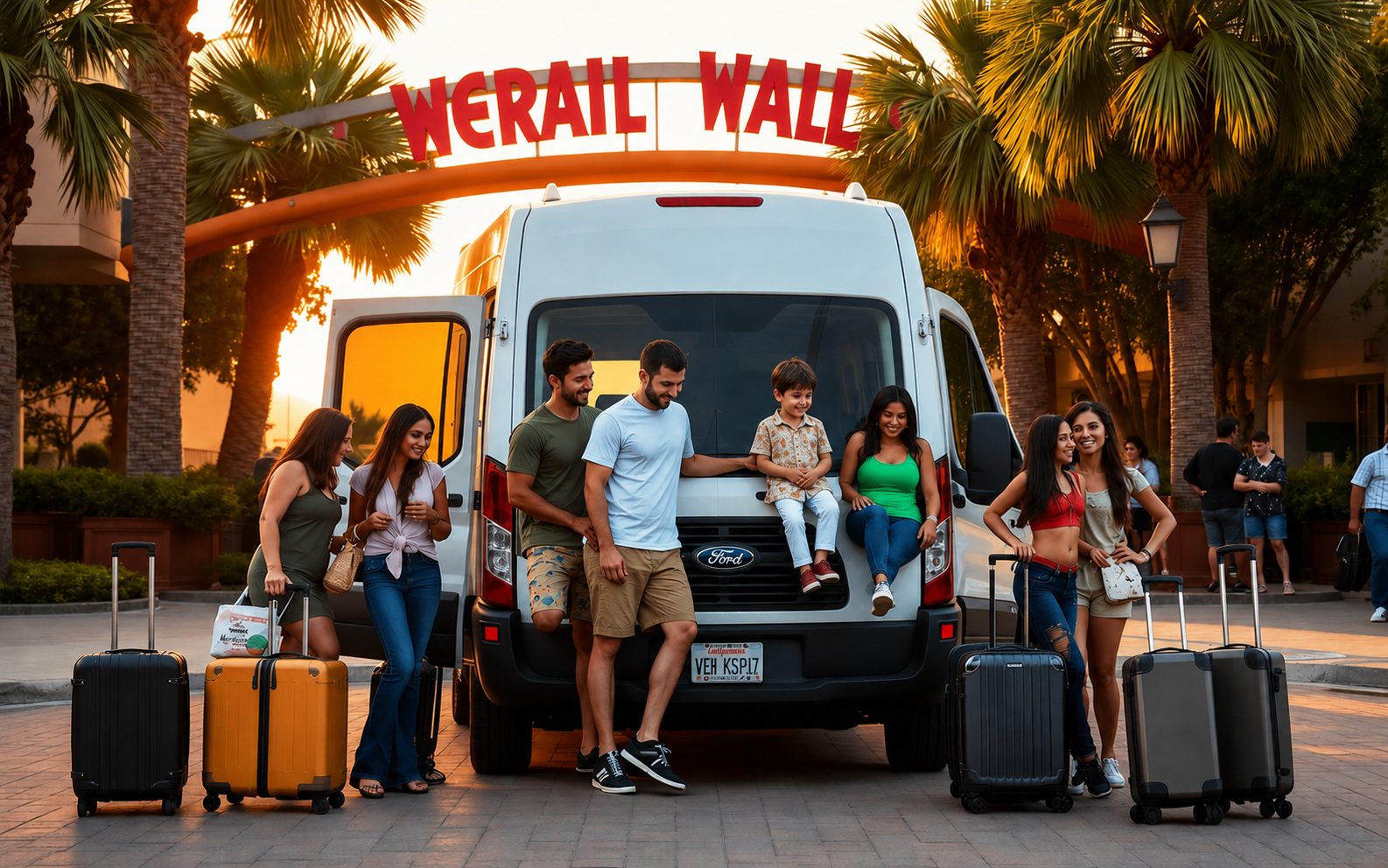 Grupo brasileiro descendo da Ford Transit em Orlando