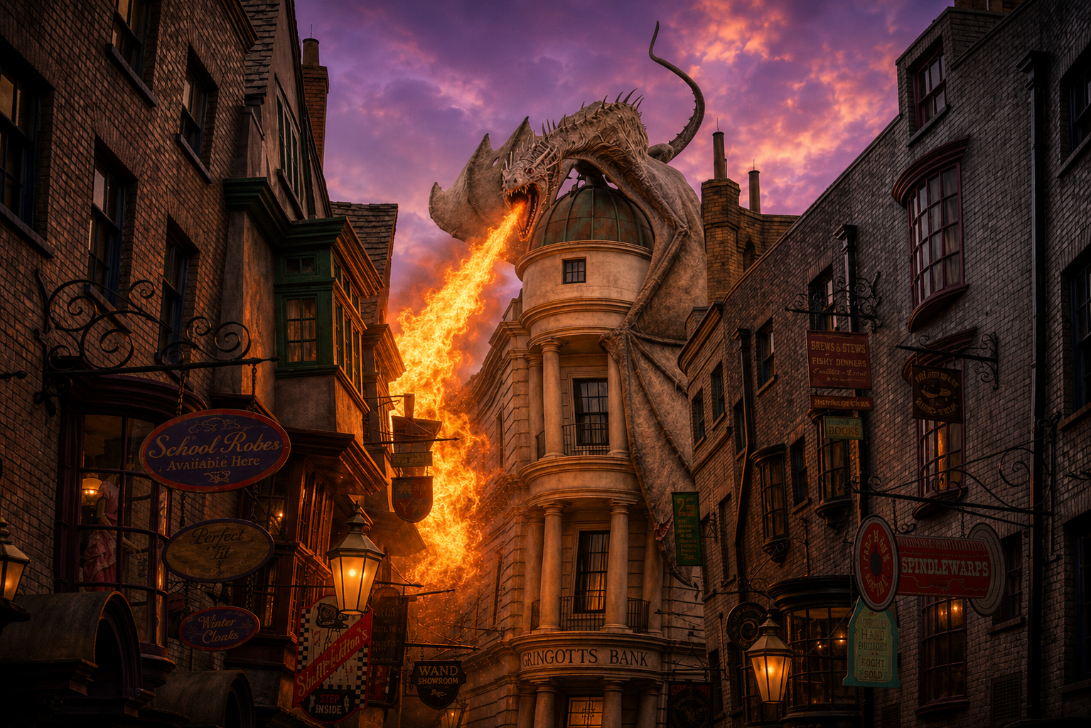 Diagon Alley com Gringotts e dragao cuspindo fogo